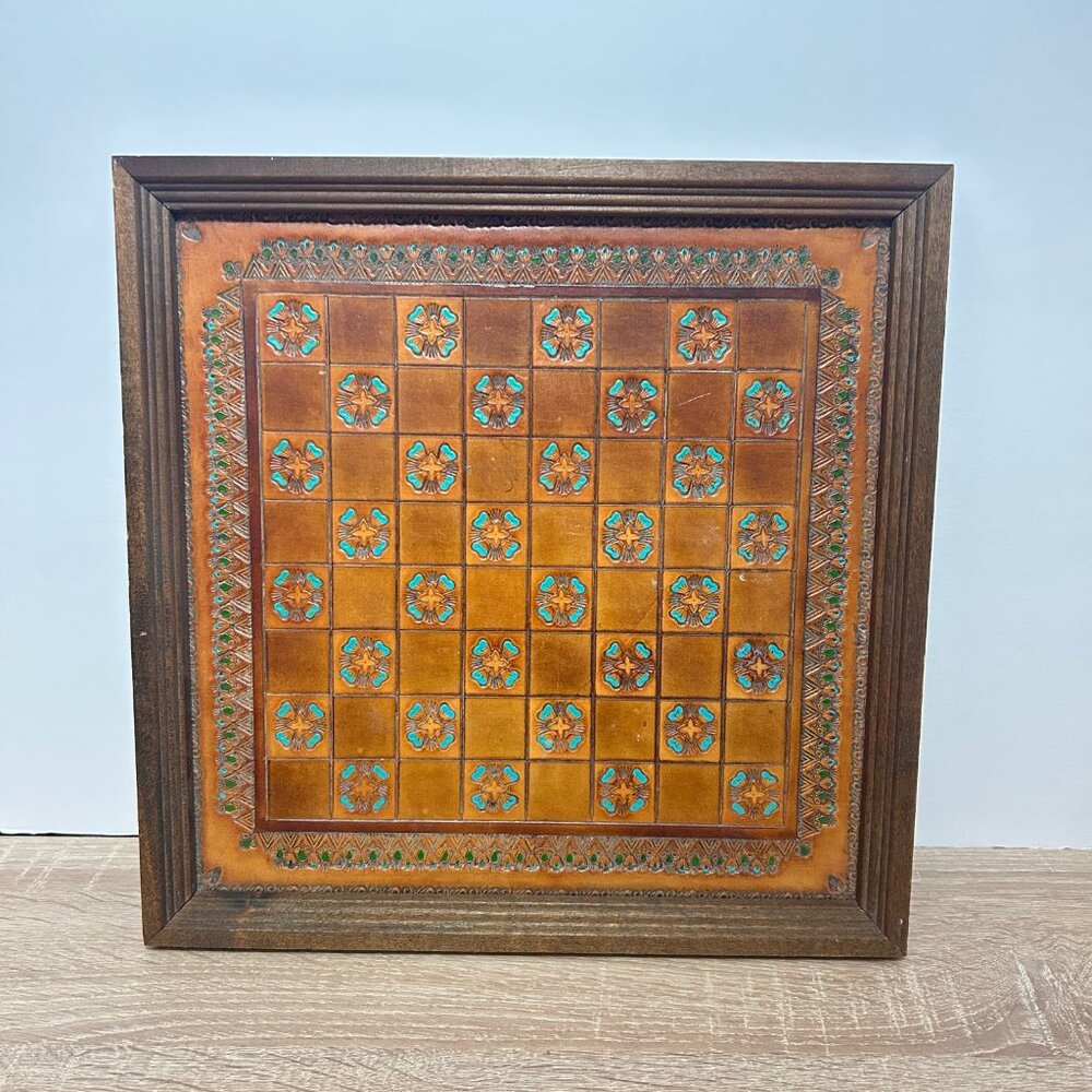 Vintage Framed Leather Chess Board – Hand‑Tooled & Decorative 13" x 13 "